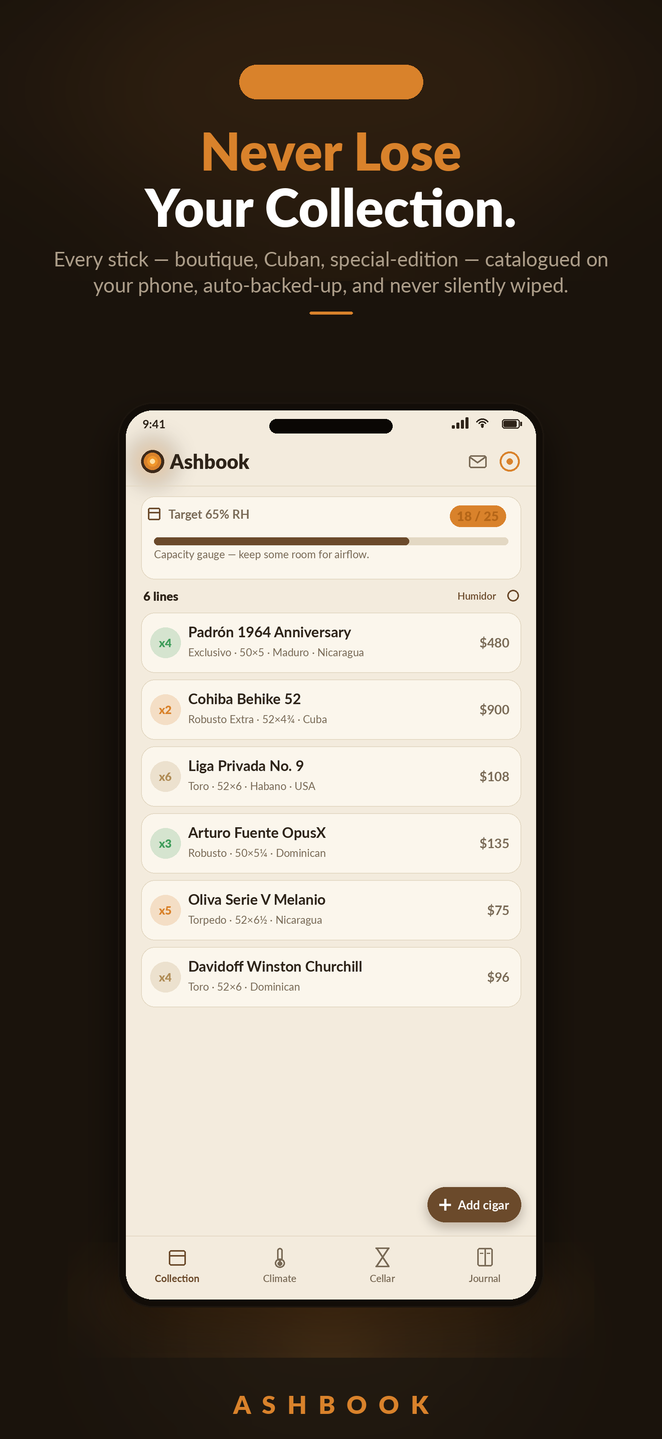 Ashbook — the Collection screen showing a cigar inventory with brand, vitola, ring gauge, quantity, and price for each stick, with a humidor capacity gauge at the top