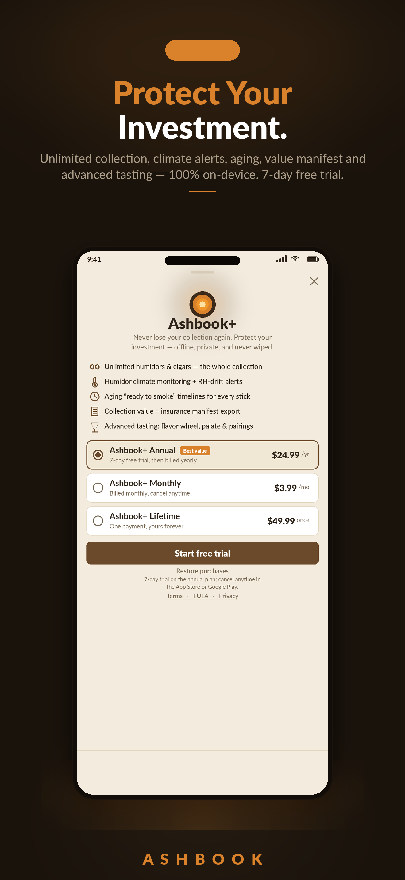 Ashbook+ screen showing honest, store-managed pricing that stays 100% on-device, with backup free for everyone