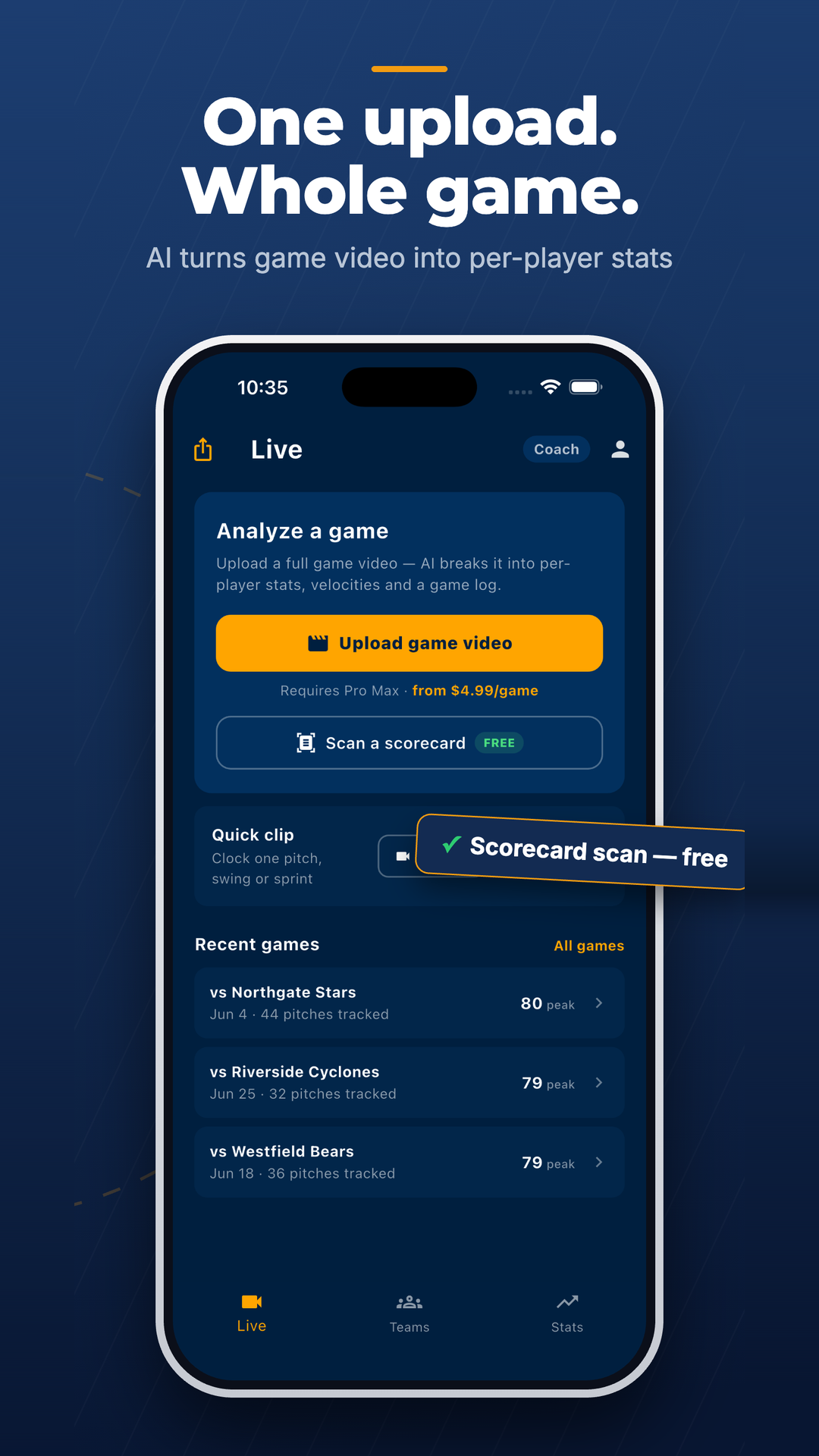Baseball Tracker 'Live' screen: an 'Analyze a game' card with an 'Upload game video' button (from $4.99/game), a free 'Scan a scorecard' option, and a list of recent games with peak velocities.