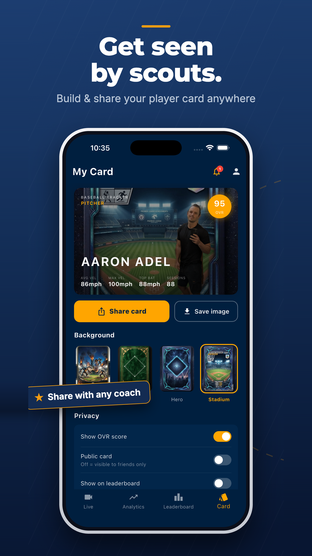 Baseball Tracker 'My Card' screen: a shareable player card for Aaron Adel, Pitcher, 95 OVR, with average and max velocity stats, selectable card backgrounds, and privacy toggles.