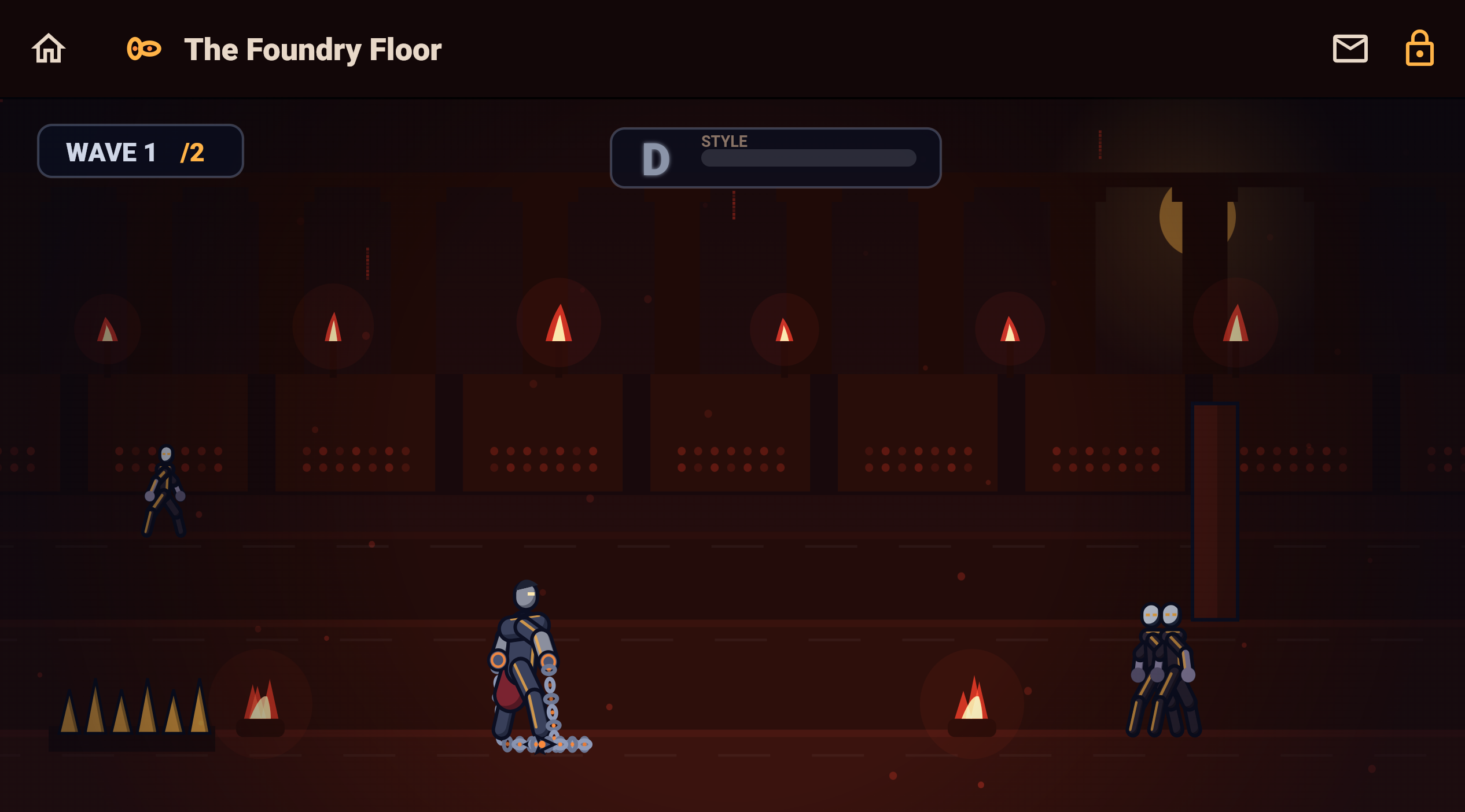 Chainbreaker gameplay — the Foundry Floor arena in obsidian and foundry red, the chain-wielding warrior mid-fight with a dangling physics chain, a thrall and a hookman across the lanes, spike pits and braziers as hazards, and a D-rank STYLE meter up top