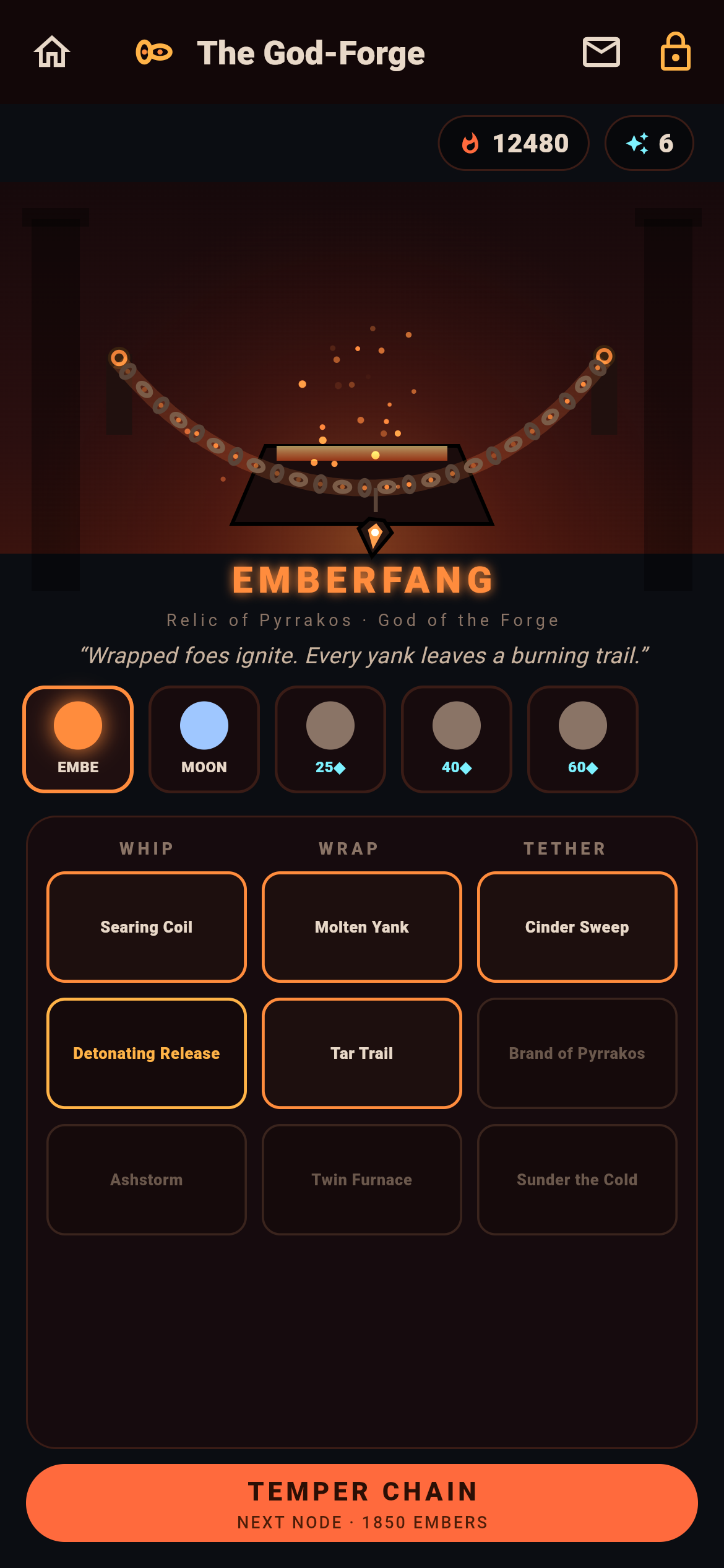 Chainbreaker's God-Forge meta screen showing the Emberfang relic on the anvil, its flavor line 'Wrapped foes ignite. Every yank leaves a burning trail.', with 12,480 embers and 6 godsparks and a row of relic slots