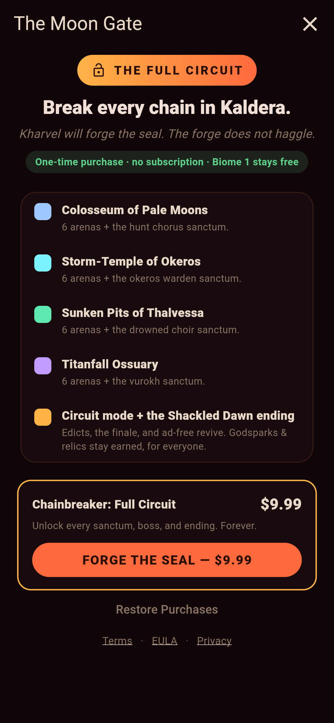 Chainbreaker's Moon Gate unlock screen — The Full Circuit, with a green badge reading one-time purchase, no subscription, Biome 1 stays free, listing the four locked biomes