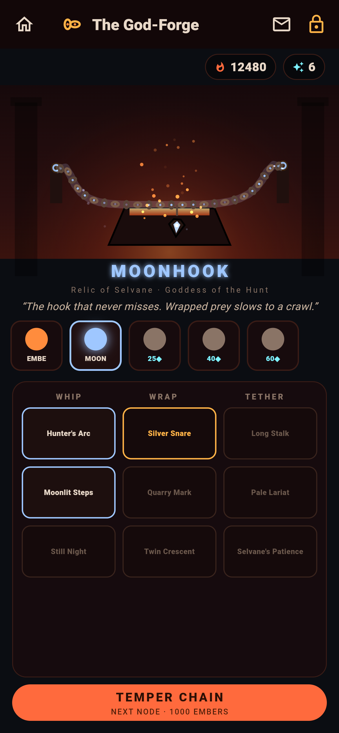 Chainbreaker's God-Forge with the Moonhook relic selected — a blue chain hanging over the anvil, its flavor line 'The hook that never misses. Wrapped prey slows to a crawl.', above a nine-node Whip / Wrap / Tether upgrade tree