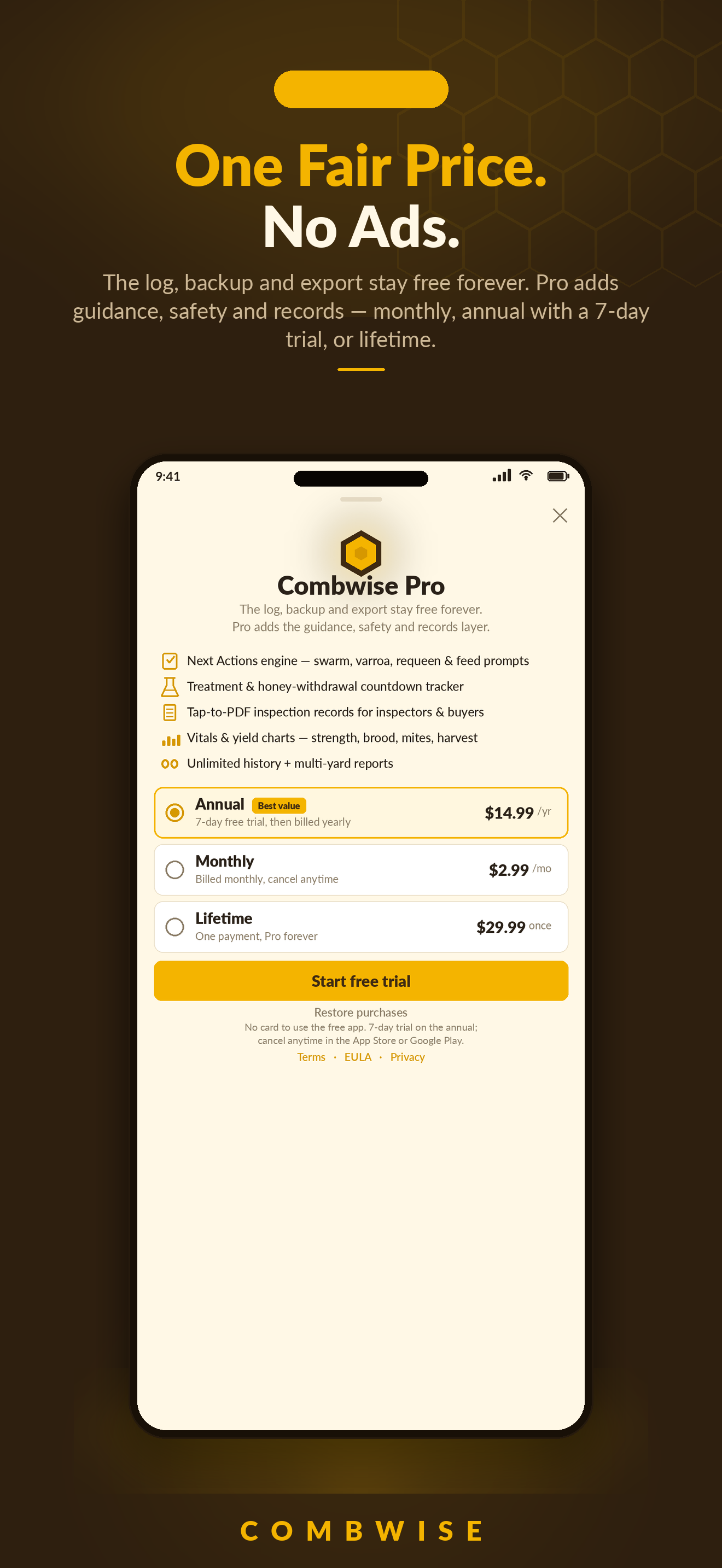 Combwise Pro screen showing the log, backup, and export stay free forever, with Annual, Monthly, and Lifetime pricing and a 7-day free trial
