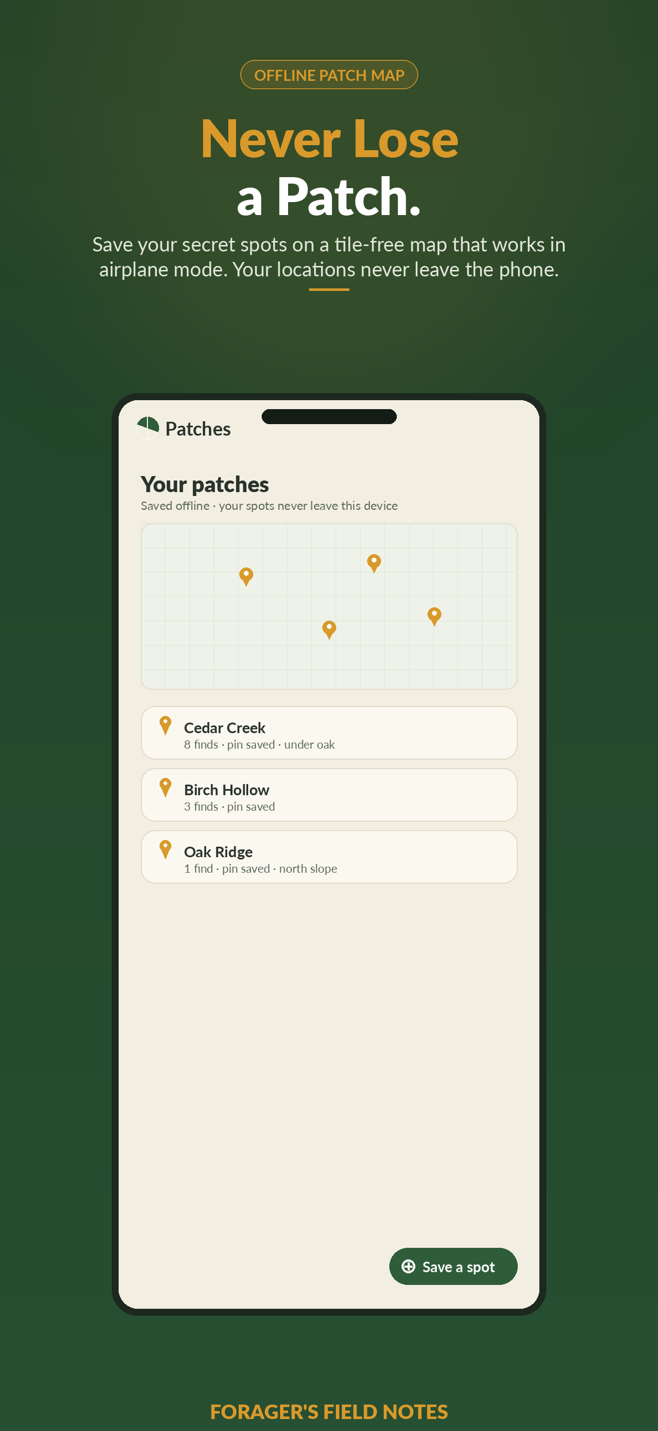 Forager's Field Notes patches screen showing saved secret spots on an offline schematic map with finds attached to each patch