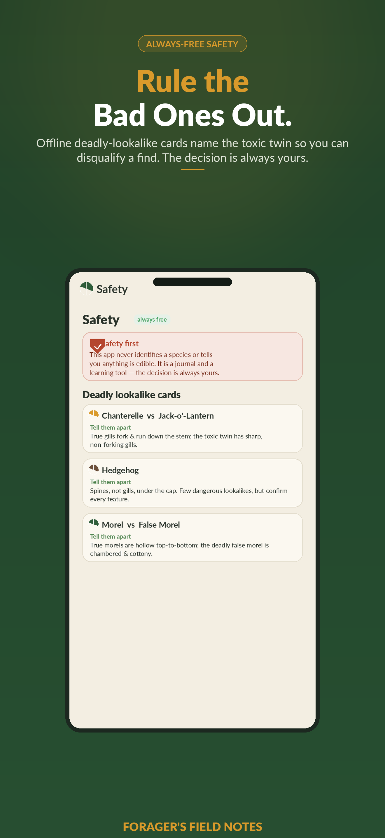 Forager's Field Notes offline lookalike field guide showing a deadly-twin comparison card between a commonly confused edible and toxic pair