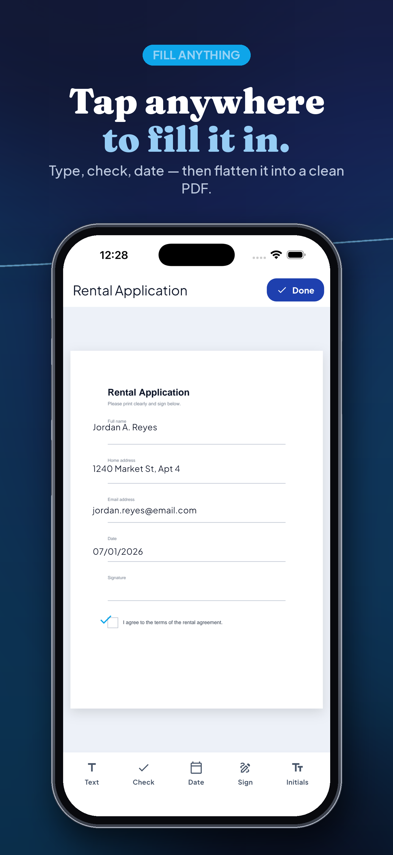 FormFill App Store screenshot — 'Tap anywhere to fill it in': a rental application filled with typed text, a checkmark, and a date