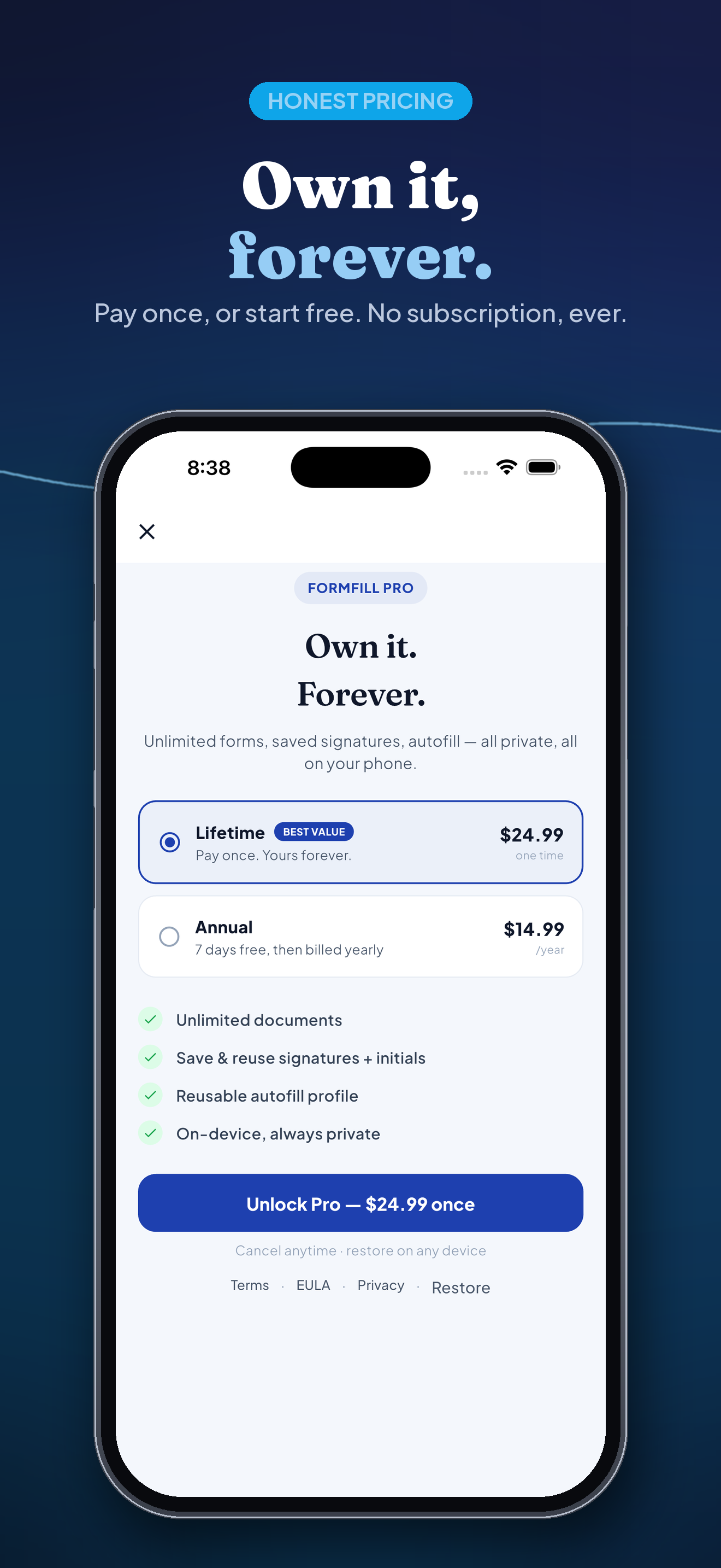 FormFill App Store screenshot — 'Own it, forever': the FormFill Pro paywall with a one-time Lifetime purchase and an annual plan with a 7-day free trial
