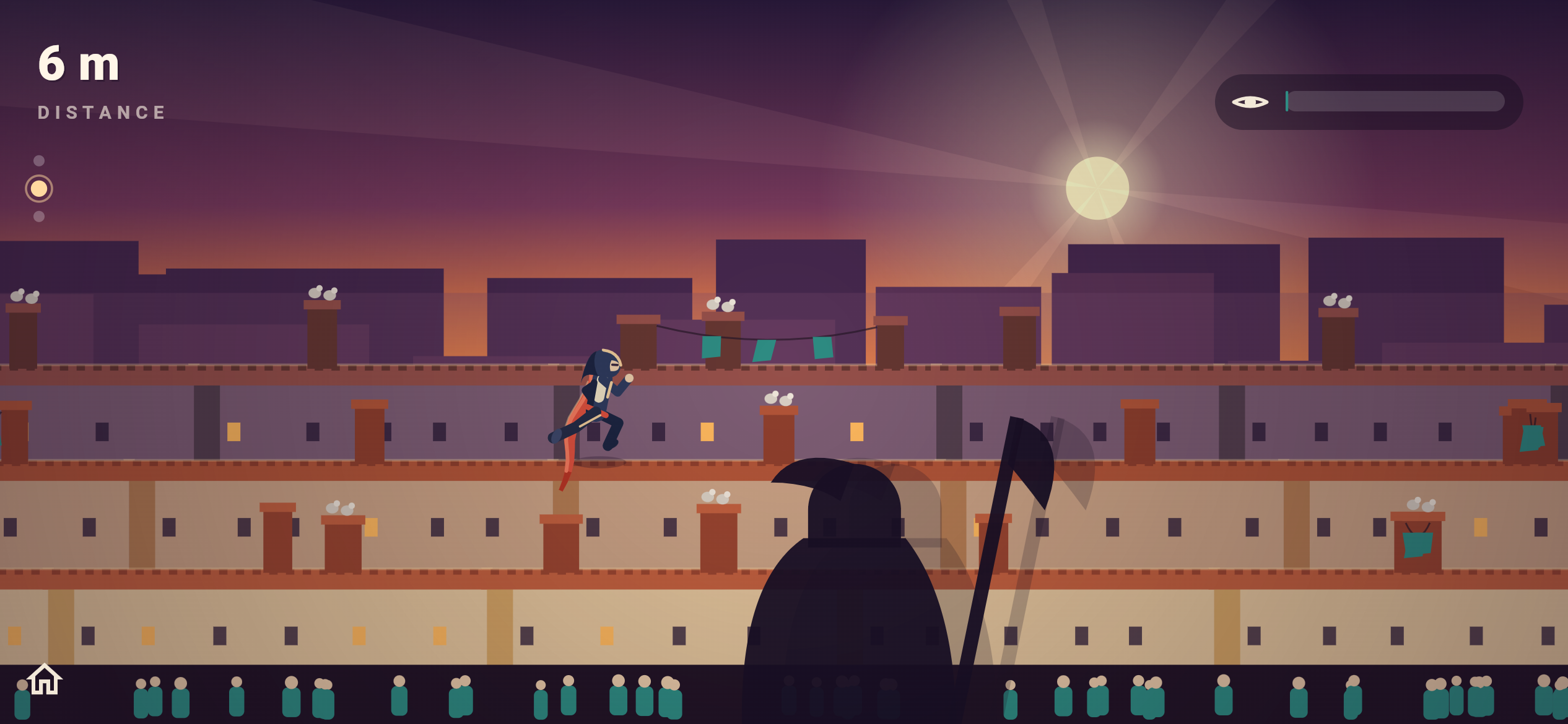 Leap of Faith gameplay — the hooded, crimson-scarfed runner sprinting across dawn-lit Renaissance rooftops on the mid depth plane, a distance counter reading 6 m and a guard-eye pursuit meter up top, a huge dark guard silhouette crossing the foreground