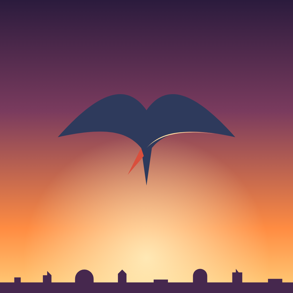 Leap of Faith app icon — an indigo swallow banking over a dawn-lit Renaissance skyline