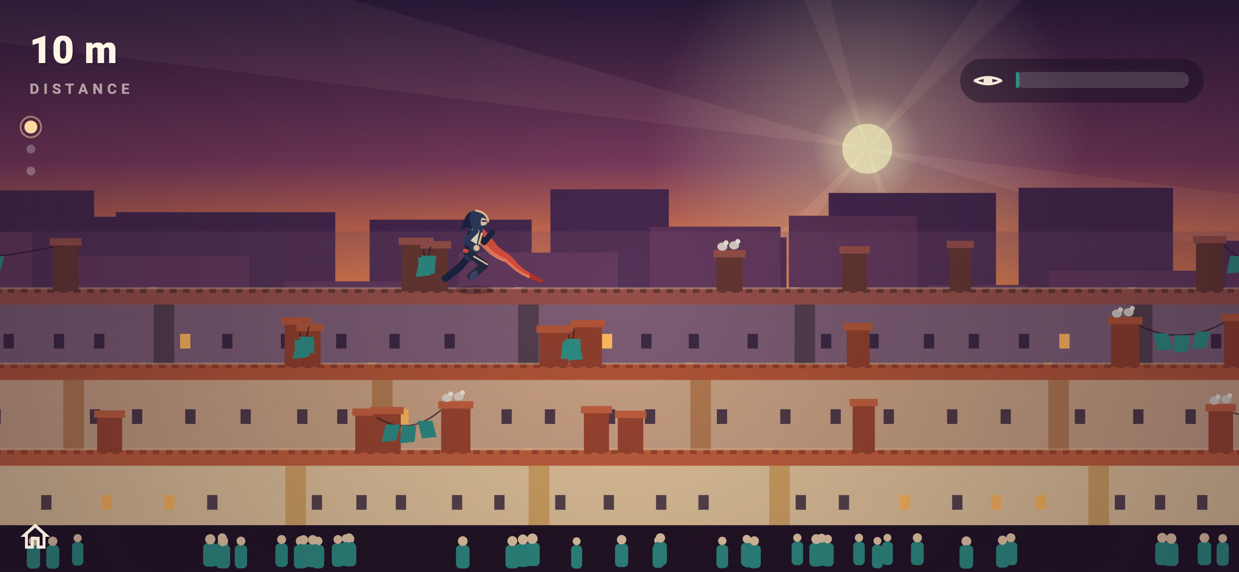 Leap of Faith — the runner mid plane-shift between two rooftop depth planes, scarf streaming, at 10 m distance, the dawn sun flaring behind the skyline and the pursuit meter calm