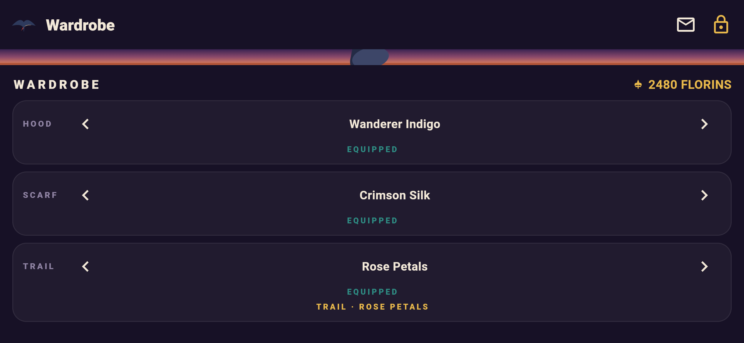 Leap of Faith wardrobe screen showing Hood 'Wanderer Indigo', Scarf 'Crimson Silk', and Trail 'Rose Petals' equipped, with a Florins balance of 2,480 and left/right selectors to try items on
