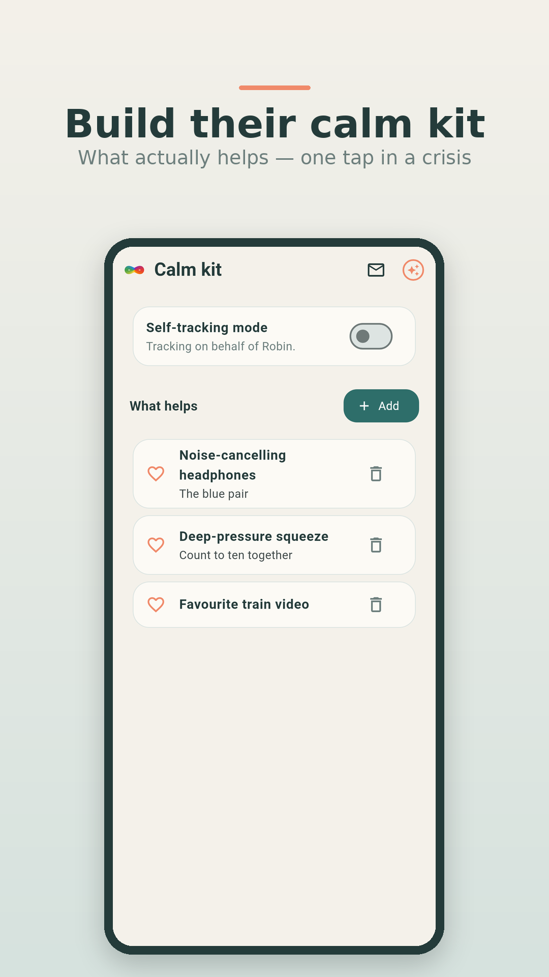 Nello calm kit screen listing what calms the child