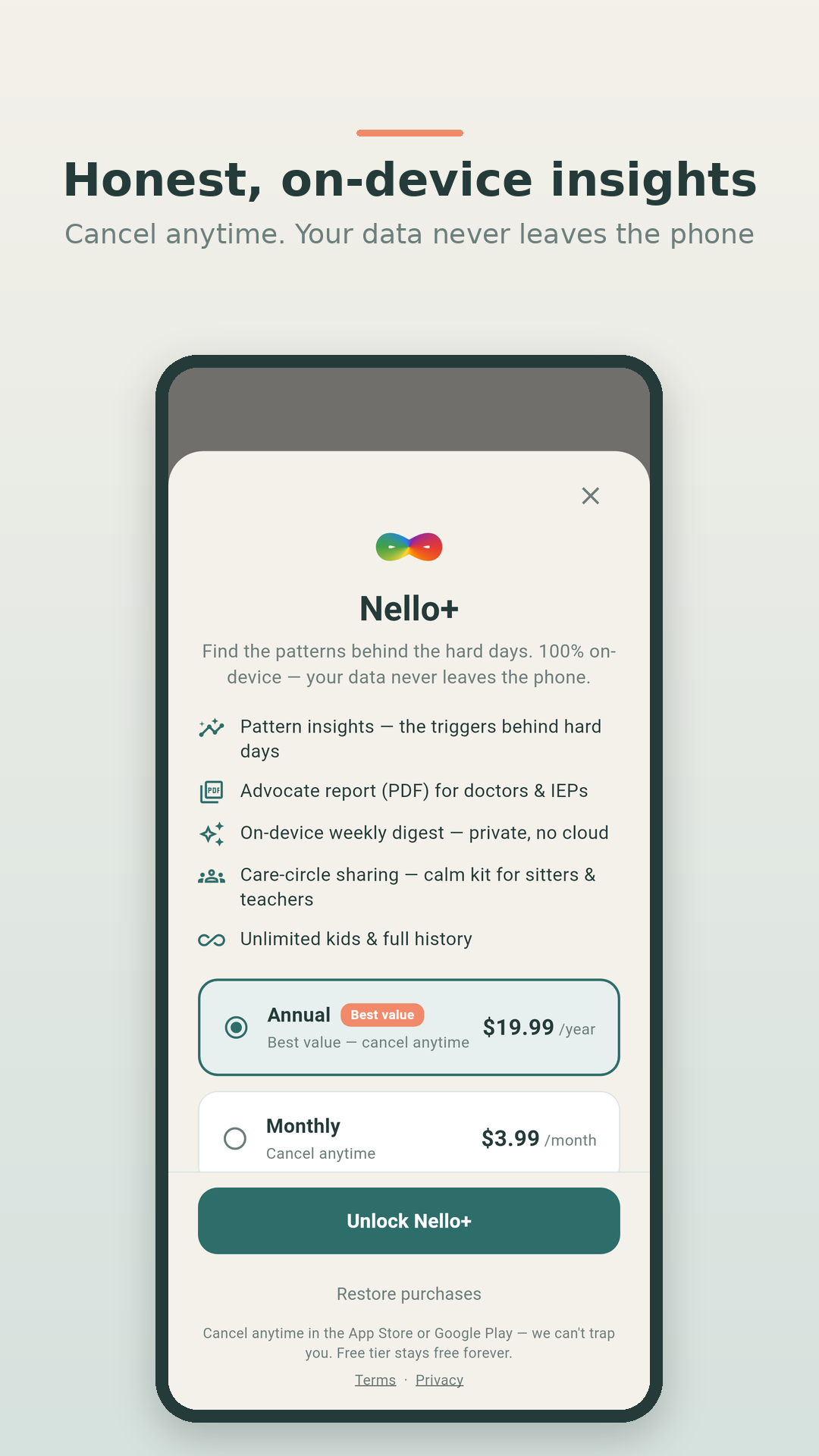 Nello+ screen showing honest, store-managed pricing