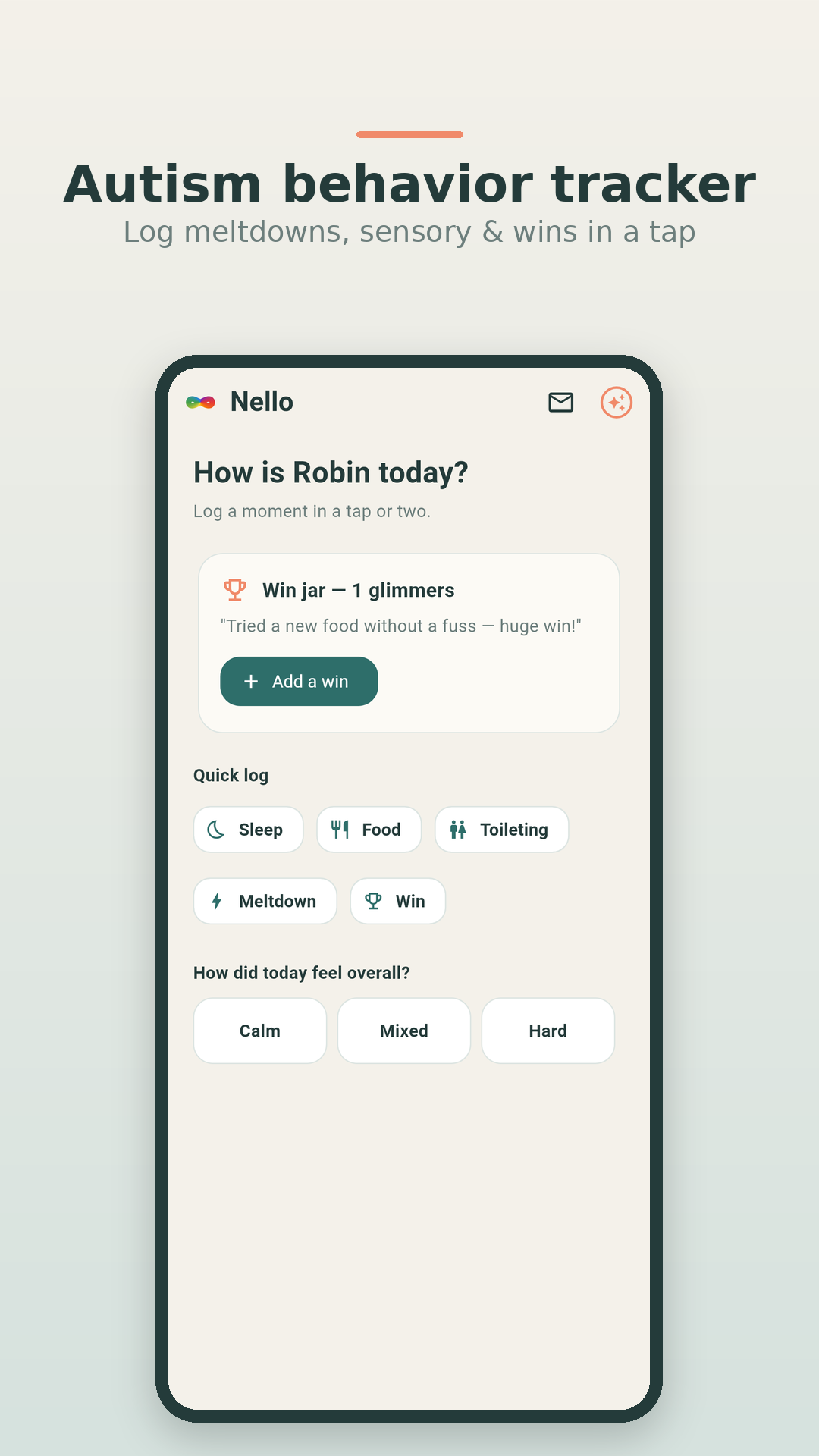 Nello — the Today screen showing a warm greeting, the win jar, and a 10-second quick log