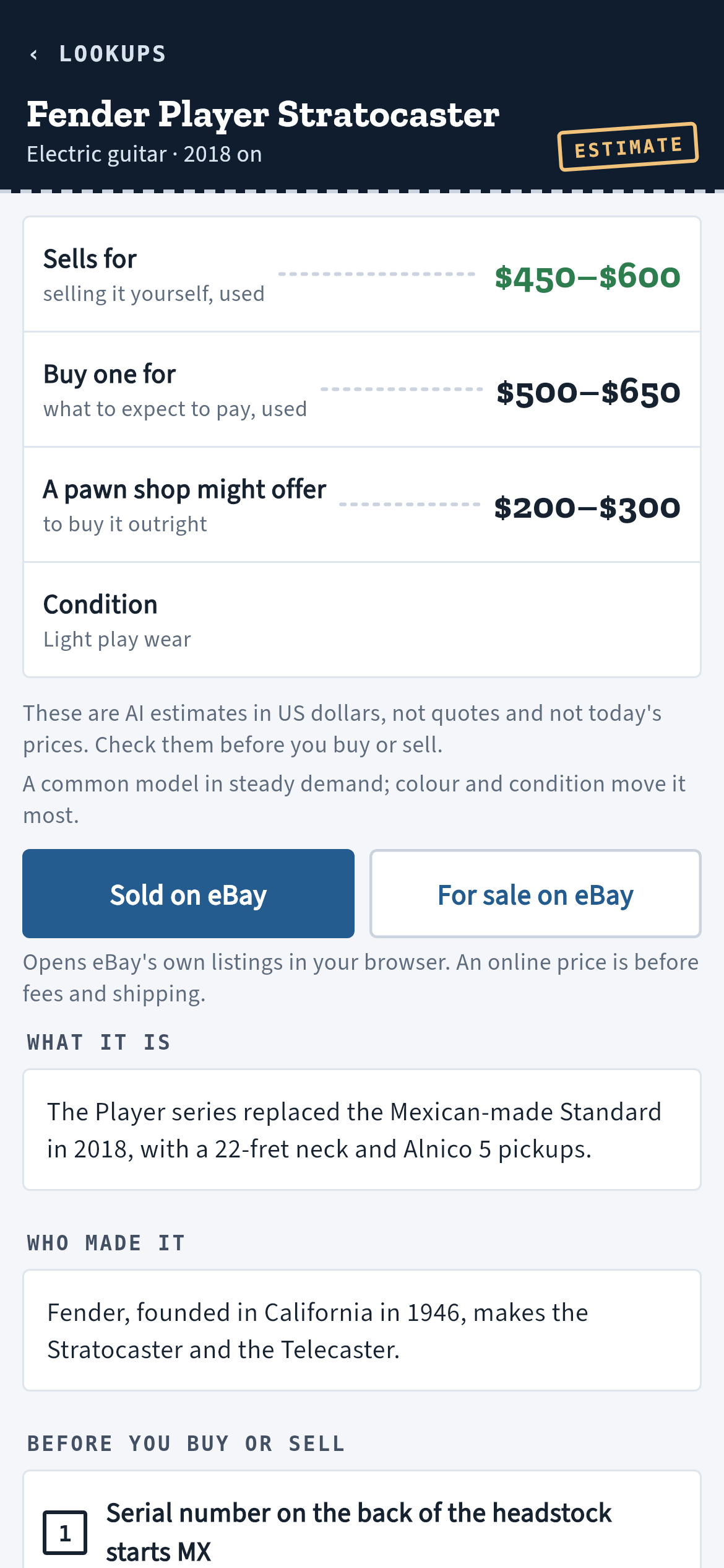 A lookup in PawnCounter: a Fender Player Stratocaster, what it sells for, what to pay for one, what a pawn shop might offer, and its history