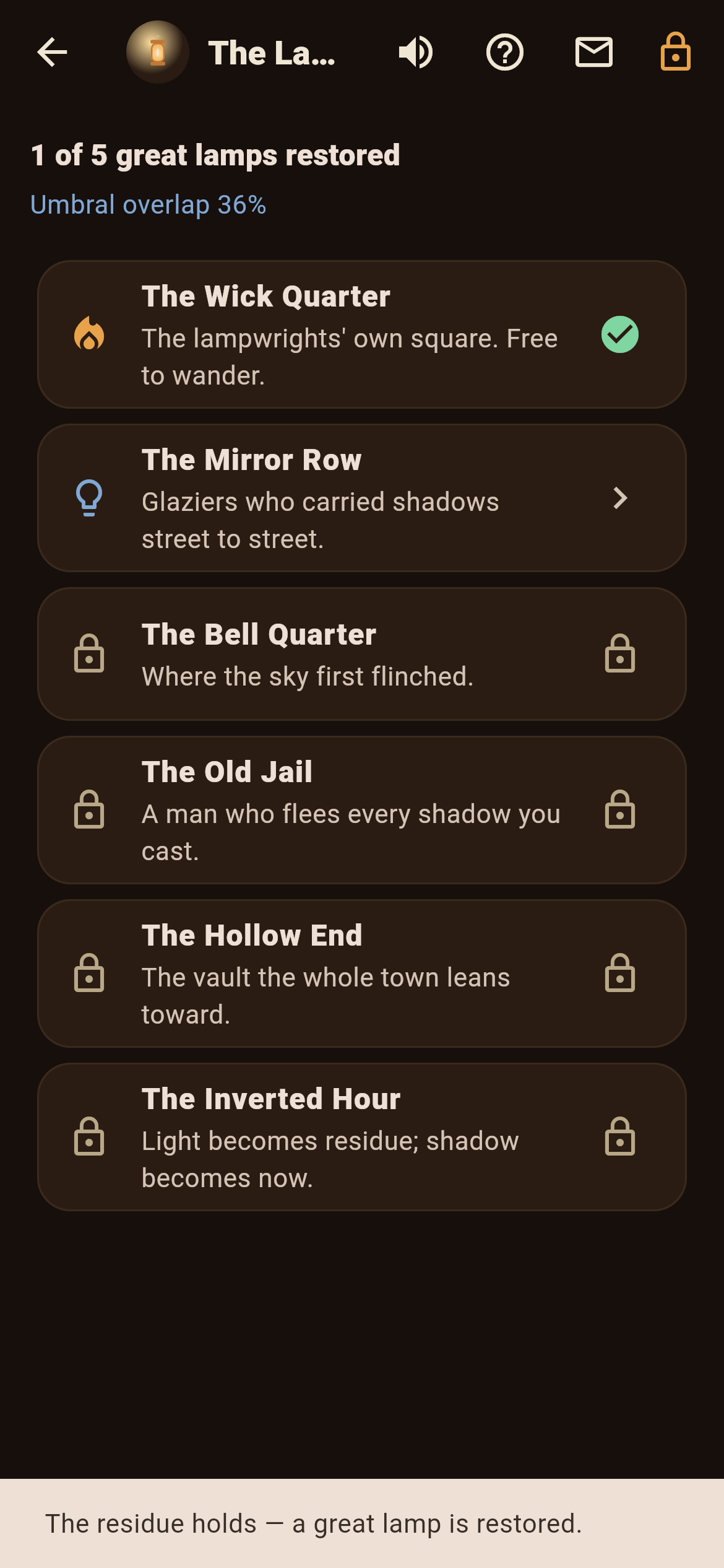Shadewick lamp map showing the five town quarters and their great-lamp restoration progress