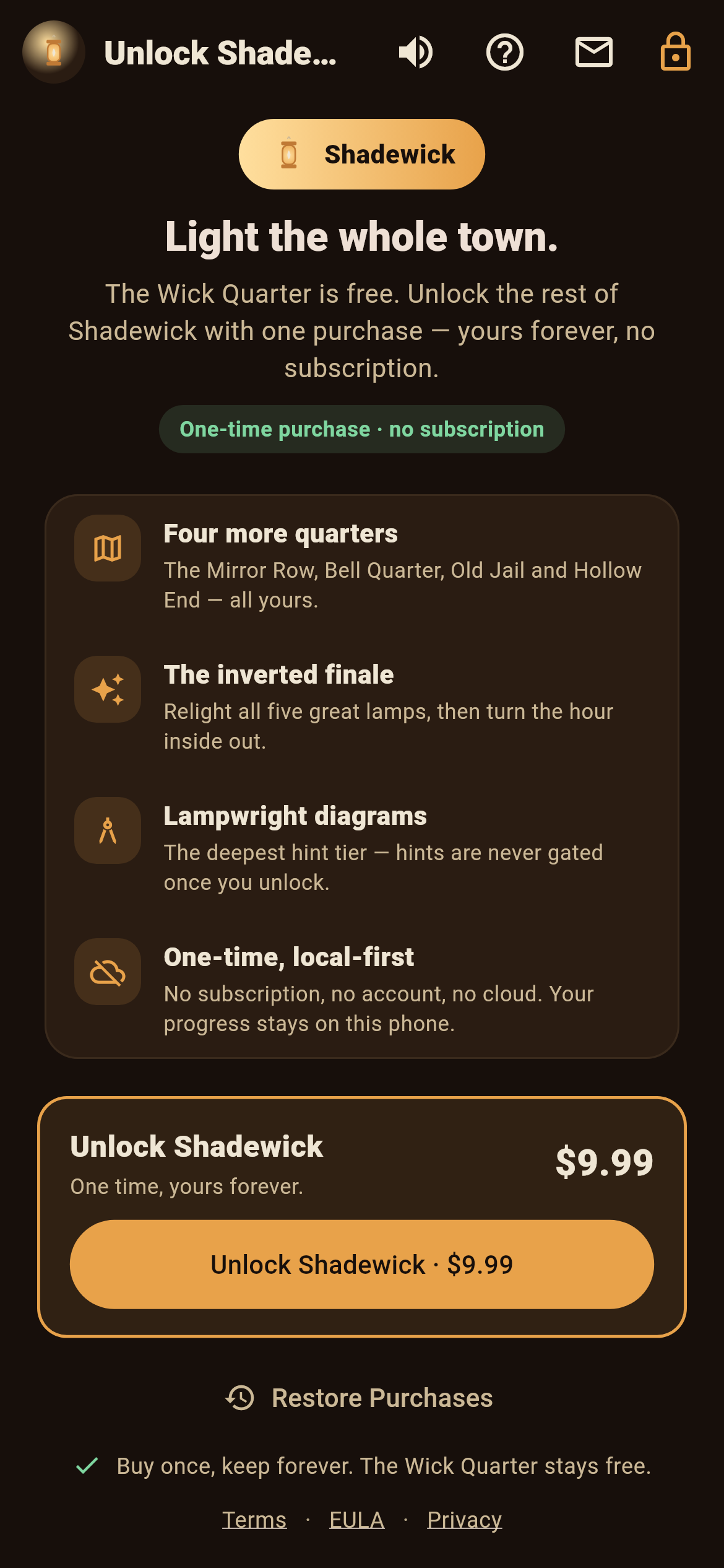 Shadewick's unlock screen — a single $9.99 one-time purchase, never a subscription, with the free Wick Quarter staying free