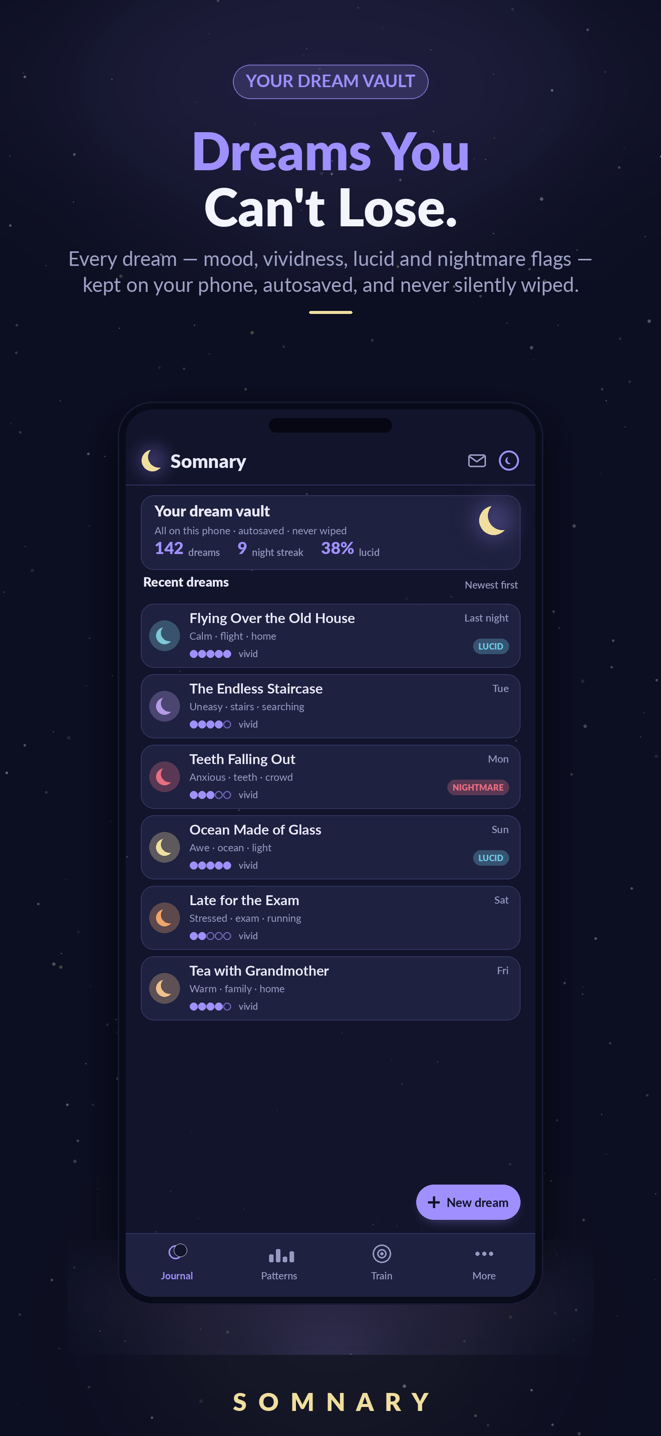 Somnary — the dream journal screen showing a vault of dream entries with title, mood, vividness, and lucidity for each dream