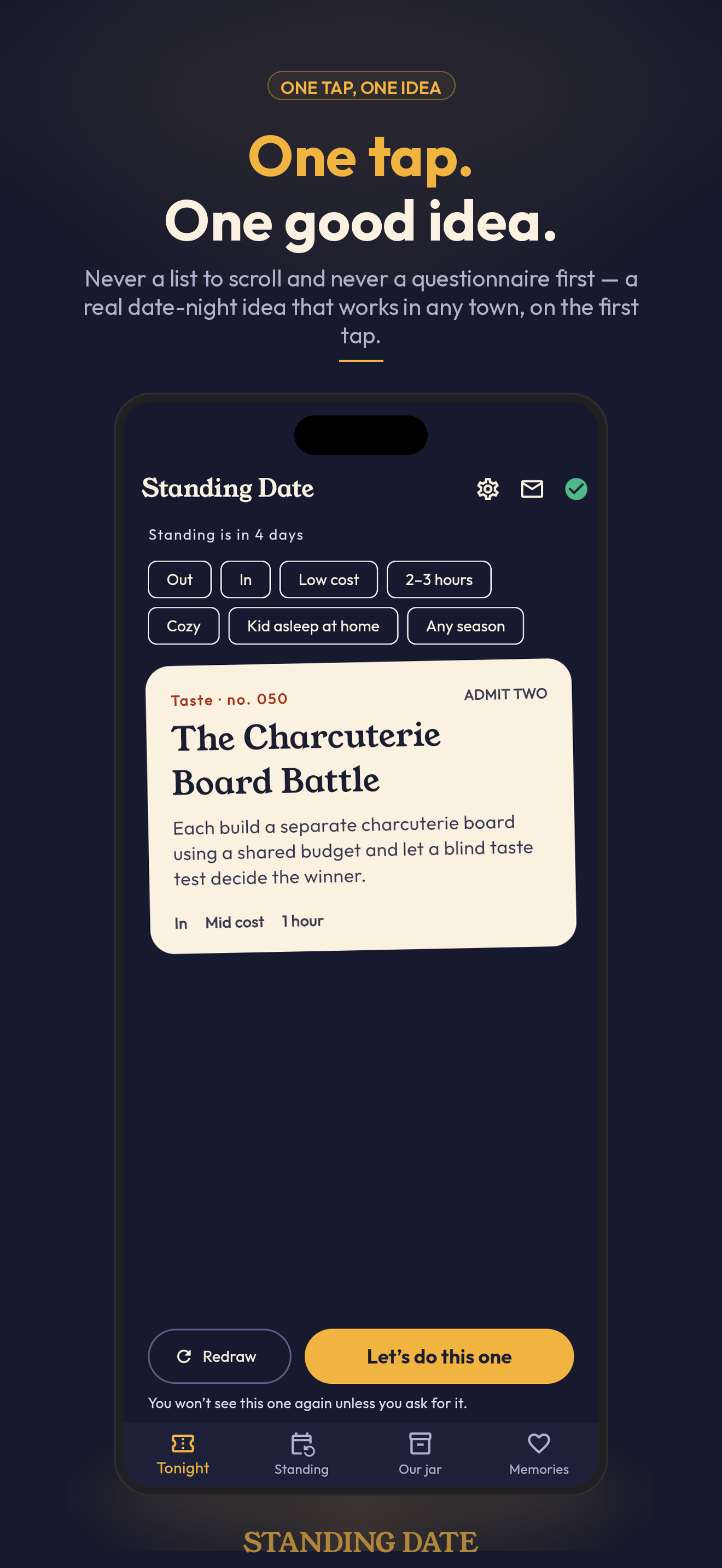 Standing Date's Tonight screen drawing one date idea as a ticket