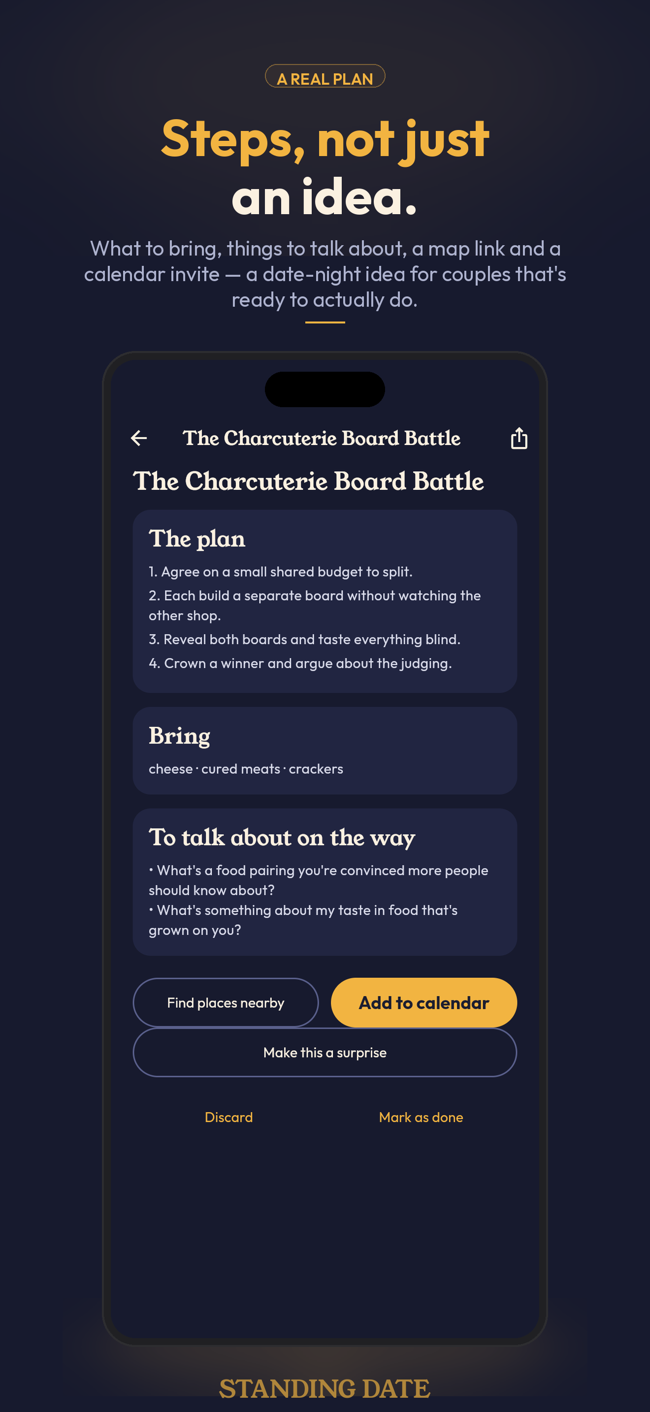 Standing Date's Plan screen with steps, a bring list and conversation starters