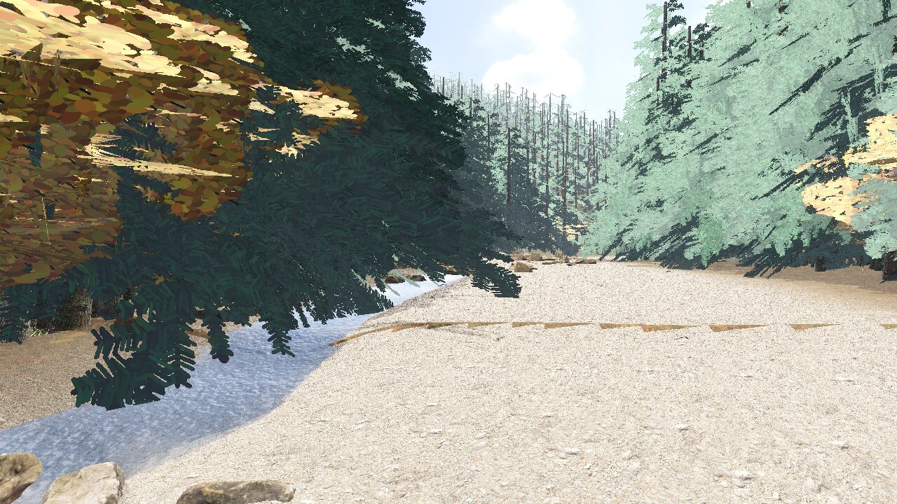 The gravel bar at Bluff Creek, California, rendered in Strangefield