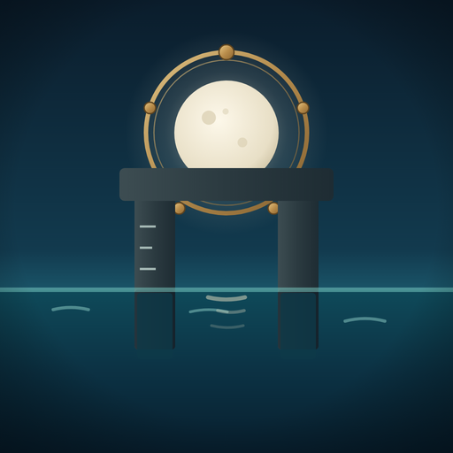 Tidegate app icon — a brass tide-gate and lunar orrery over a moonlit sea