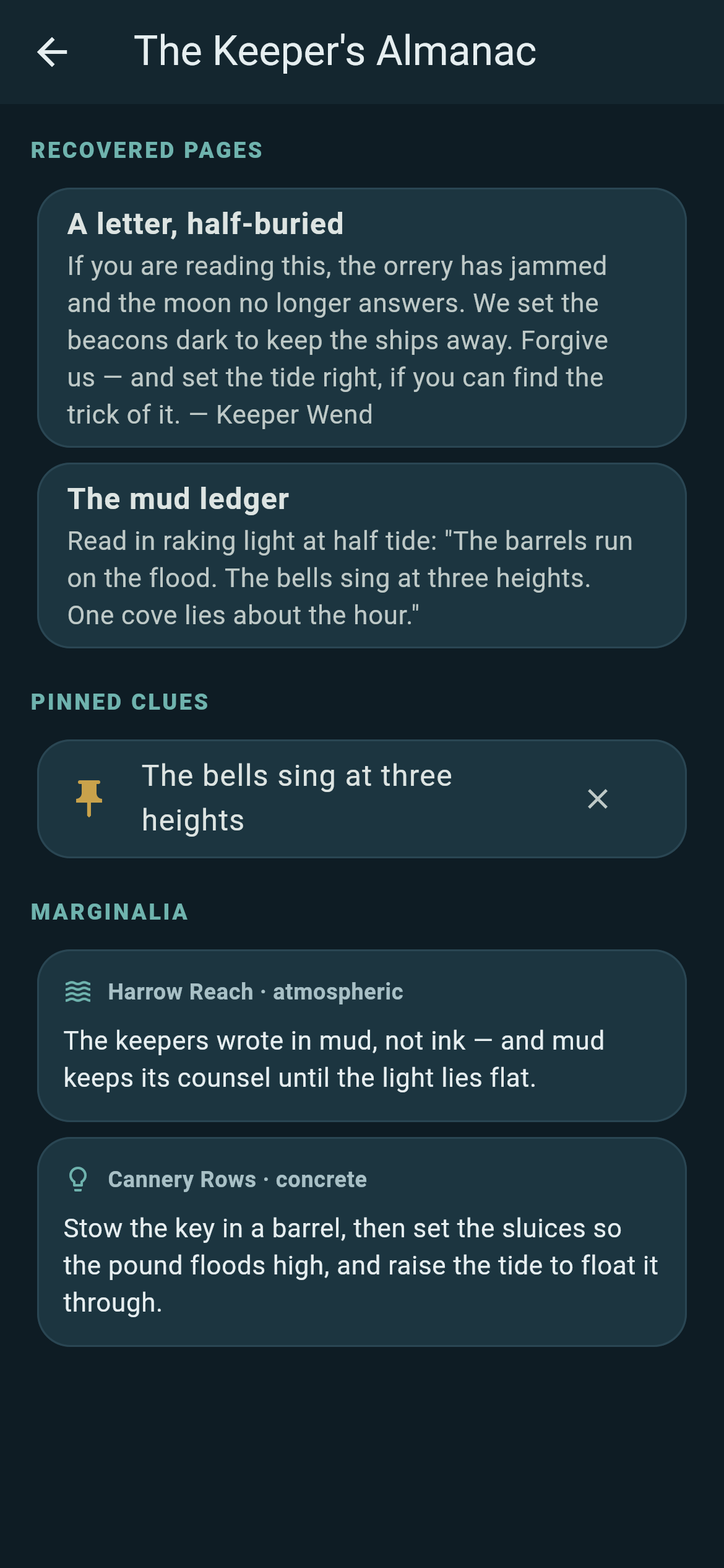 The Keeper's Almanac — recovered pages, pinned clues, and gentle escalating marginalia hints
