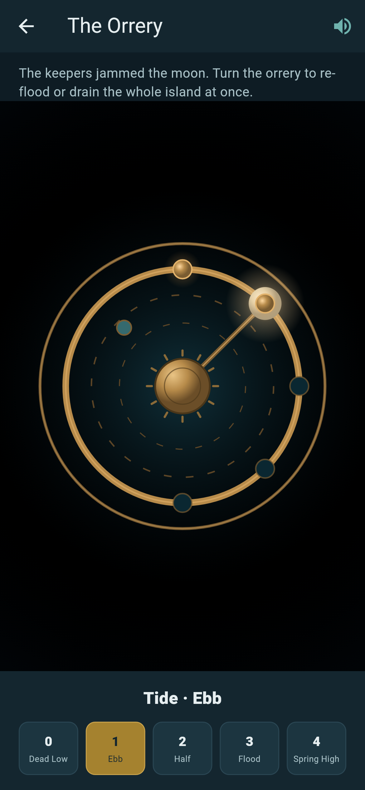 The Orrery — a brass lunar dial with five lit tide-stop notches and a pointer, driving the whole island's tide