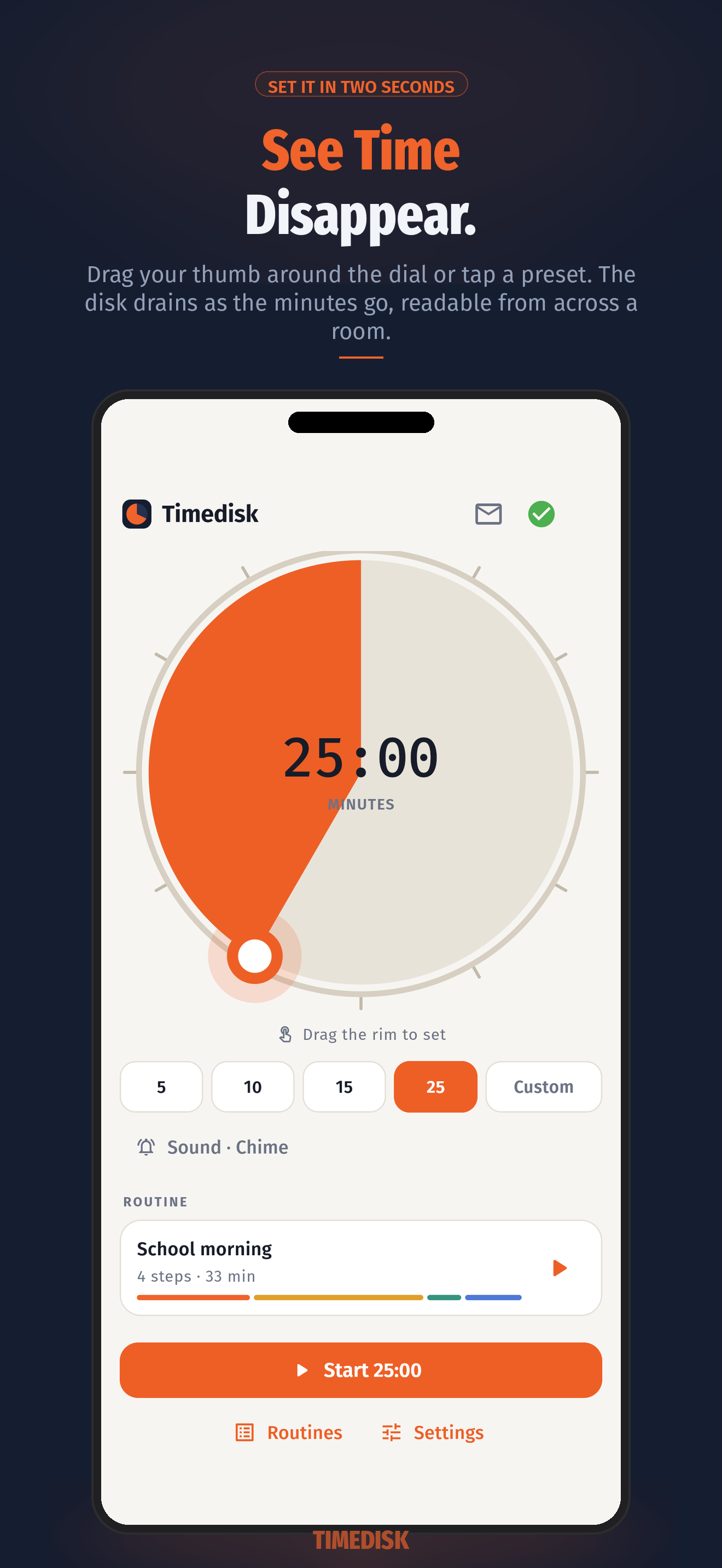 Timedisk's shrinking orange disk counting down 25 minutes