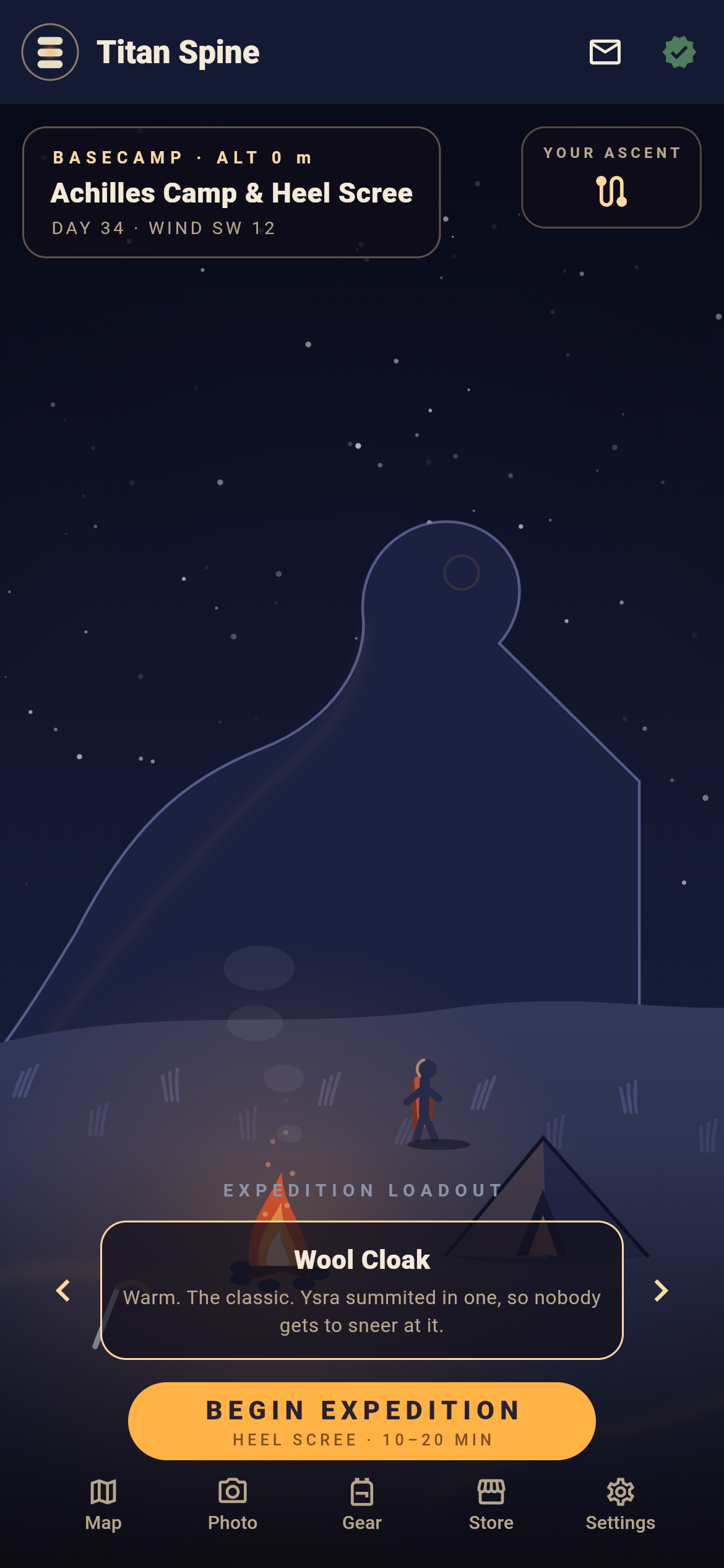 Titan Spine basecamp at night — Achilles Camp & Heel Scree, a campfire and tent under the starlit silhouette of the titan, with an Expedition Loadout card showing the Wool Cloak and a Begin Expedition button