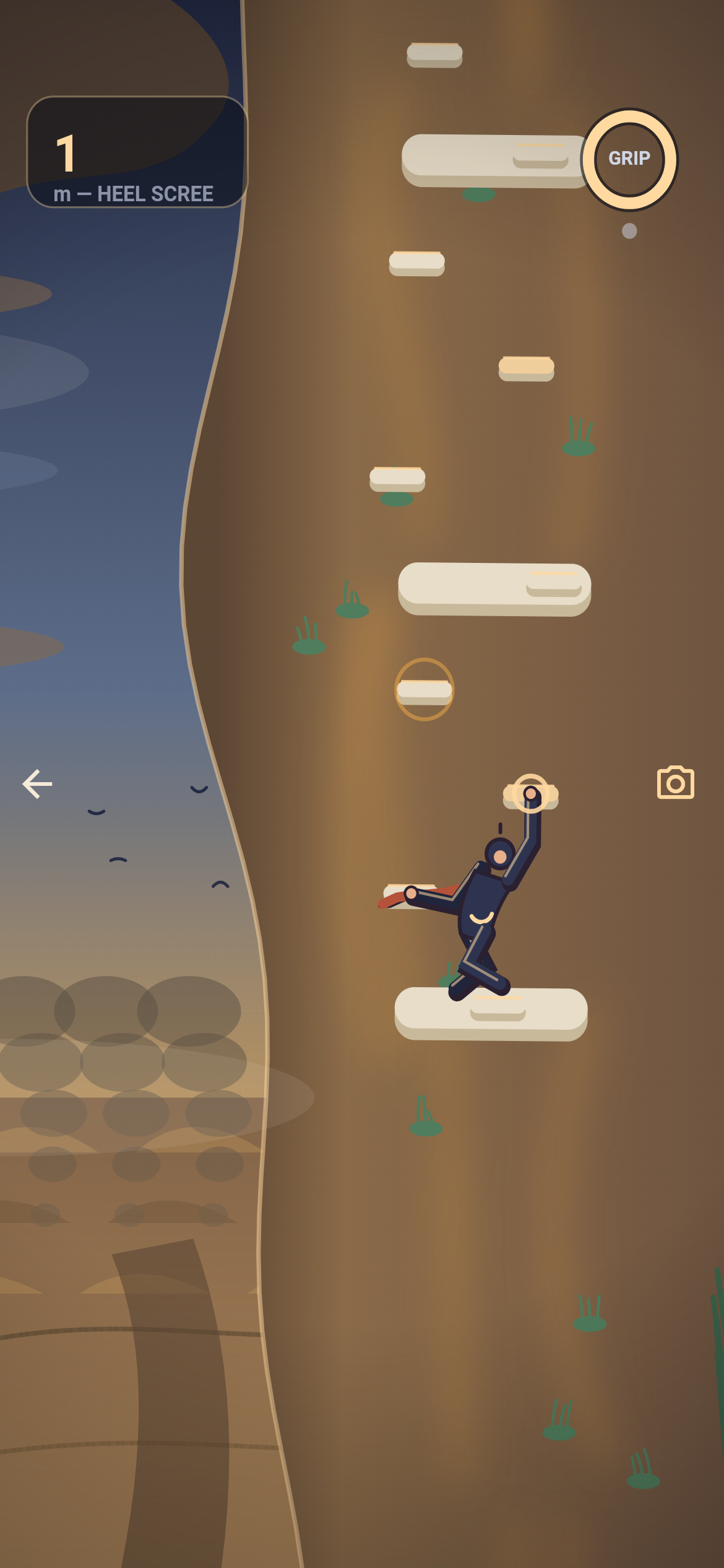 Titan Spine gameplay — a small cloaked climber hanging by one arm from a bone ledge on the titan's stone-flesh wall, the grip ring lit, with the warzone hazed far below in the lowlands palette