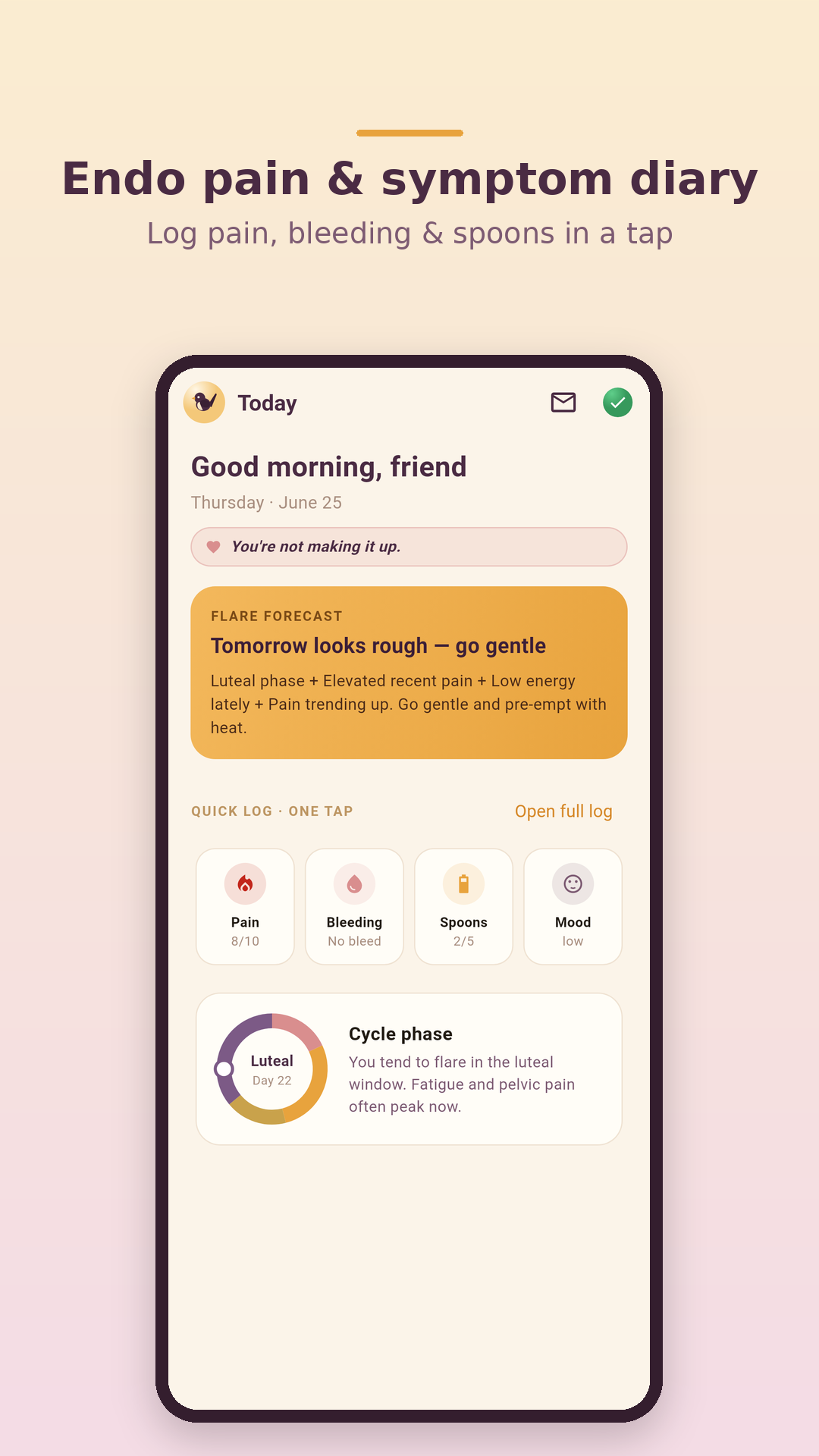 Wrenly — the Today screen showing the daily log of pain, bleeding, energy and symptoms