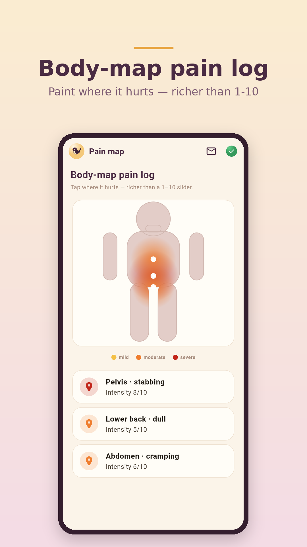 Wrenly body-map pain logging screen