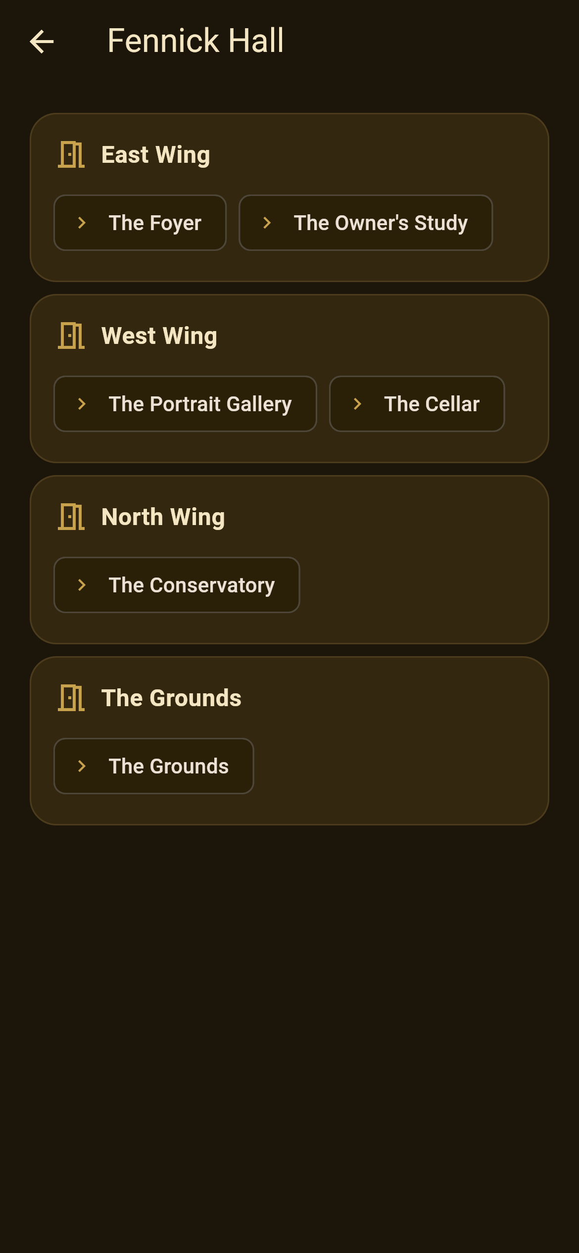 Yesterlight wing map of Fennick Hall — the free East Wing plus the unlockable West and North wings and the grounds