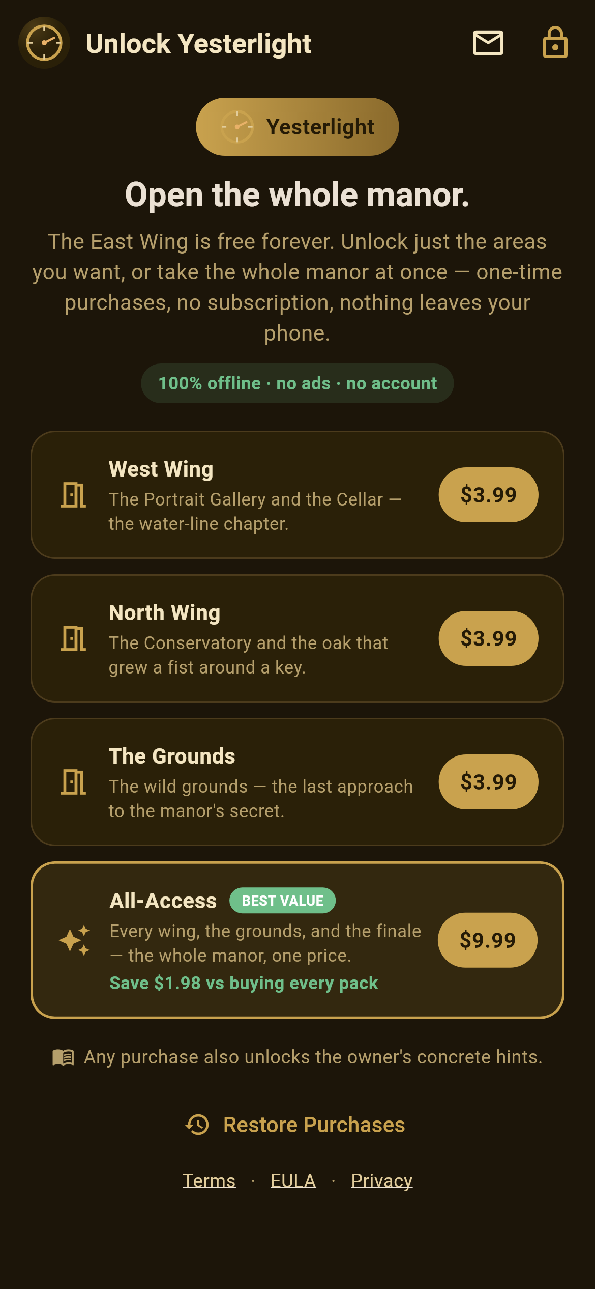 Yesterlight's unlock screen — one-time area purchases at $3.99 each and a $9.99 All-Access bundle, never a subscription, with the East Wing staying free