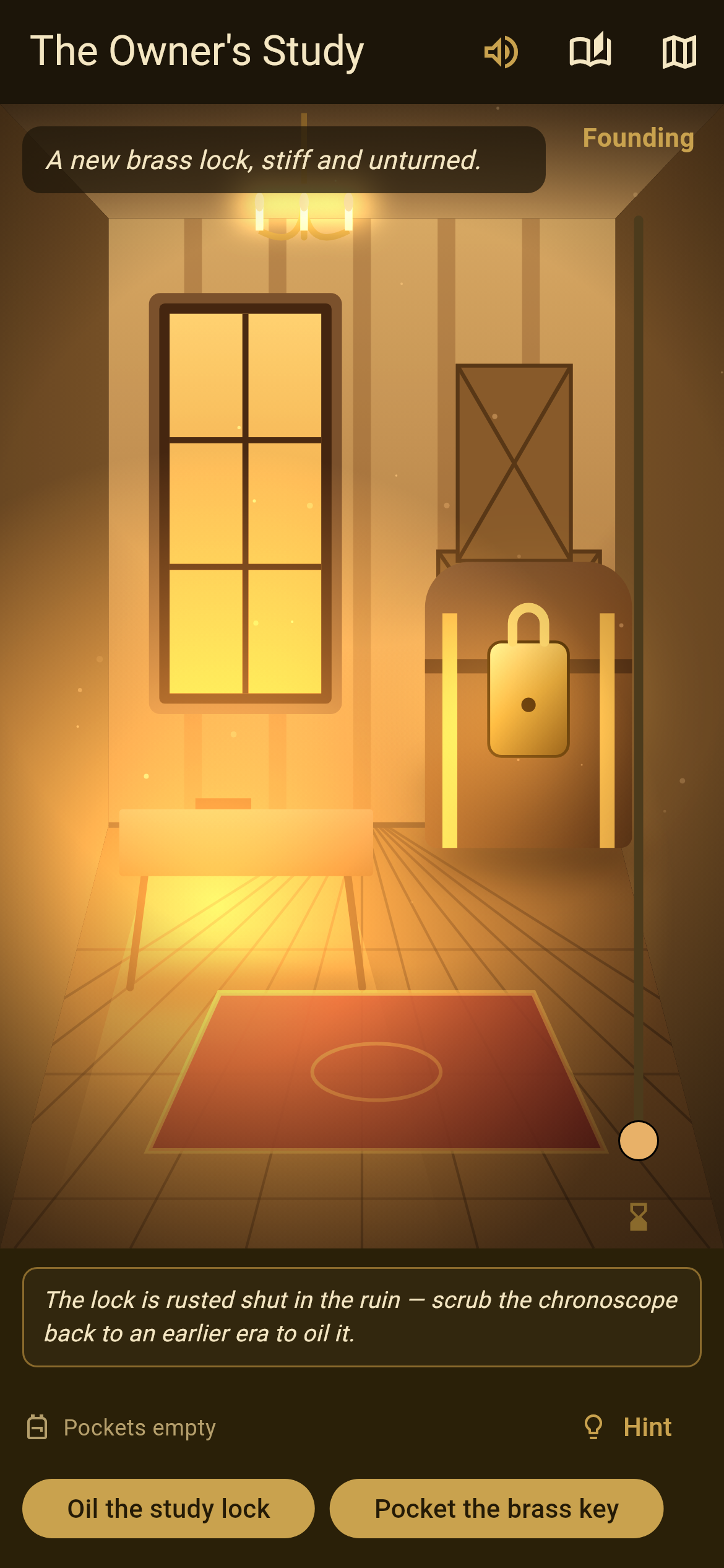 Yesterlight gameplay — the Owner's Study scrubbed back to the Founding: warm candlelight, a fresh brass lock, and the Oil the study lock action offered, so the fix ripples forward through every later era